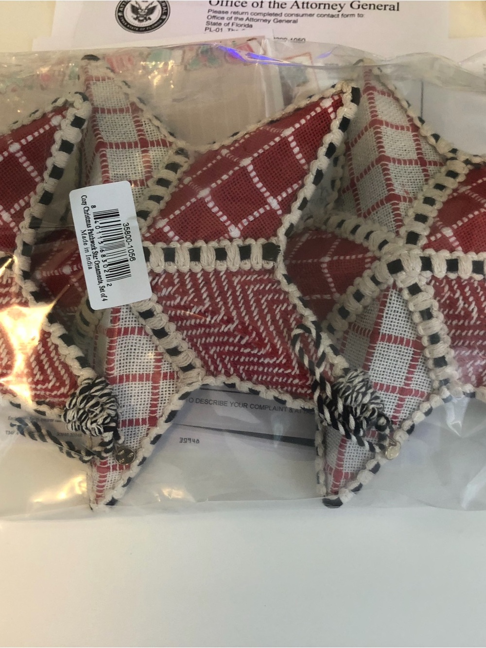MacKenzie-Childs Red & Cream Plaid Star Ornament. Large. - Picture 3 of 3
